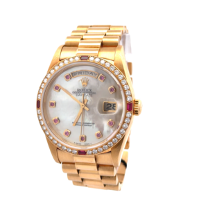 Rolex Day-Date 36 Ruby Bezel MOP Ruby Dial